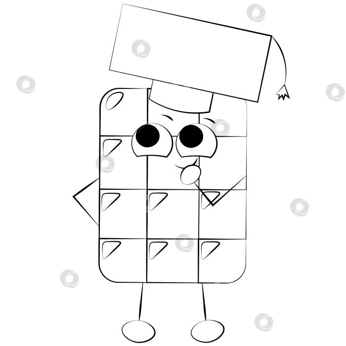 Скачать Cute cartoon Chocolate Character in graduate hat. Draw illustration in black and white фотосток Ozero