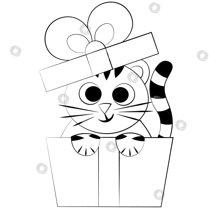 Скачать Милый мультяшный тигр в подарочной коробке. Нарисуйте иллюстрацию в черно-белом цвете фотосток Ozero