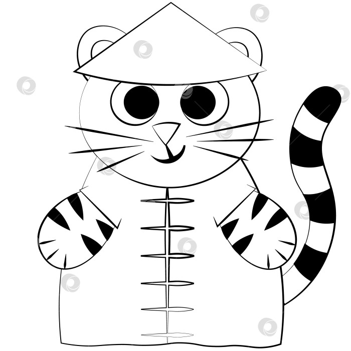 Скачать Милый мультяшный китайский тигр. Нарисуйте иллюстрацию в черно-белом цвете фотосток Ozero