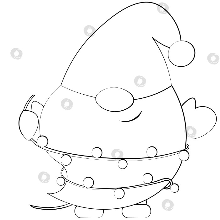 Скачать Маленький рождественский гном со световой гирляндой. Нарисуйте иллюстрацию в черно-белом цвете фотосток Ozero