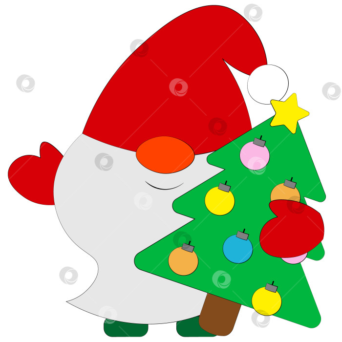 Скачать Маленький рождественский гном с рождественской елкой. Нарисуйте иллюстрацию в цвете фотосток Ozero
