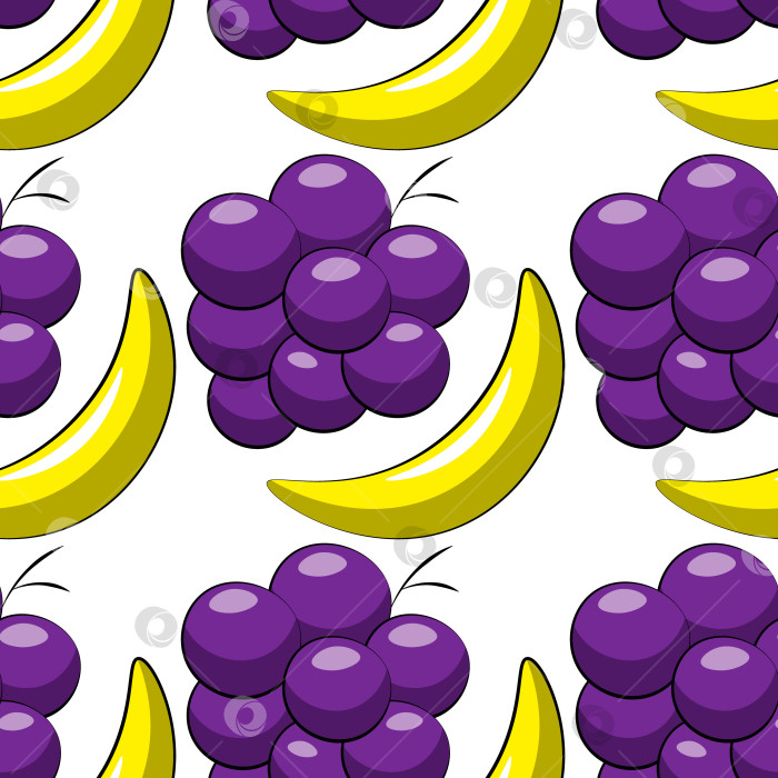 Скачать Бесшовный векторный узор с мультяшным бананом и виноградом фотосток Ozero