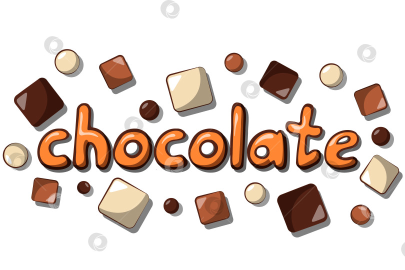 Скачать Надпись "шоколад" с кусочками раскрашенного шоколада фотосток Ozero