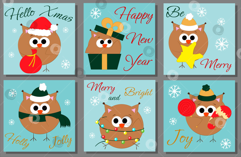 Скачать Набор рождественских поздравительных открыток с изображением совы фотосток Ozero