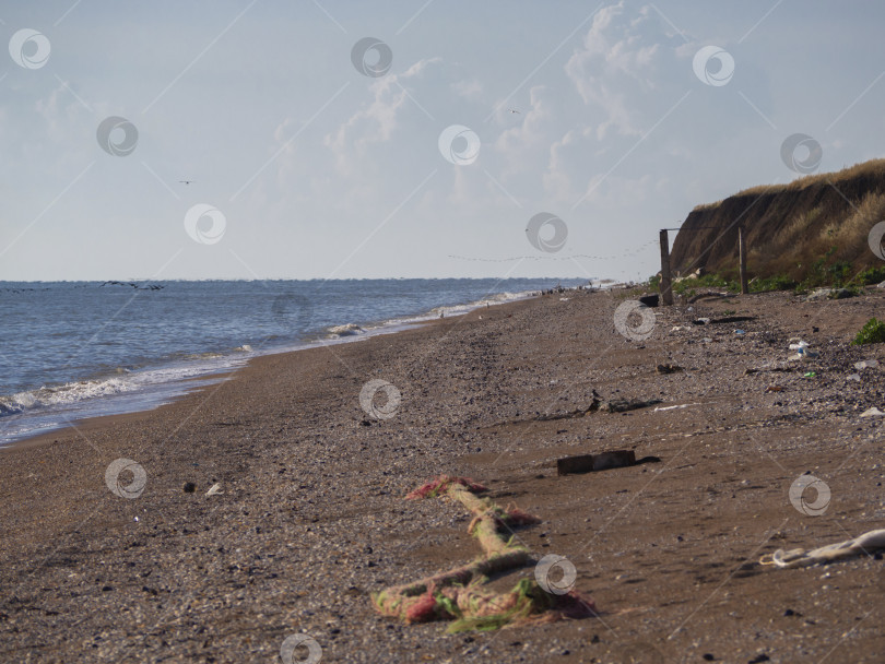 Скачать Песчаный морской пляж, заваленный бытовым мусором. Концепция защиты планеты Земля. фотосток Ozero