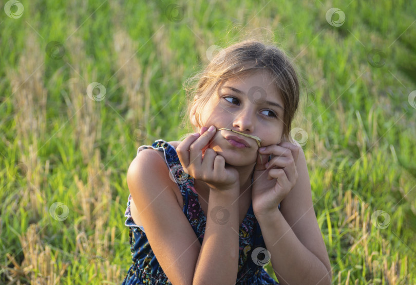 Скачать Позитивный естественный портрет красивой девочки-подростка крупным планом. Задумчивая девушка сидит на убранном поле на зеленой траве. Концепции здорового образа жизни и естественной красоты. фотосток Ozero