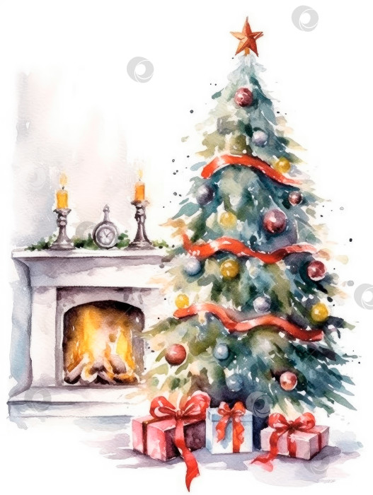 Скачать Рождественская елка в гостиной у камина, красивая празднично украшенная акварельная фоновая иллюстрация. фотосток Ozero
