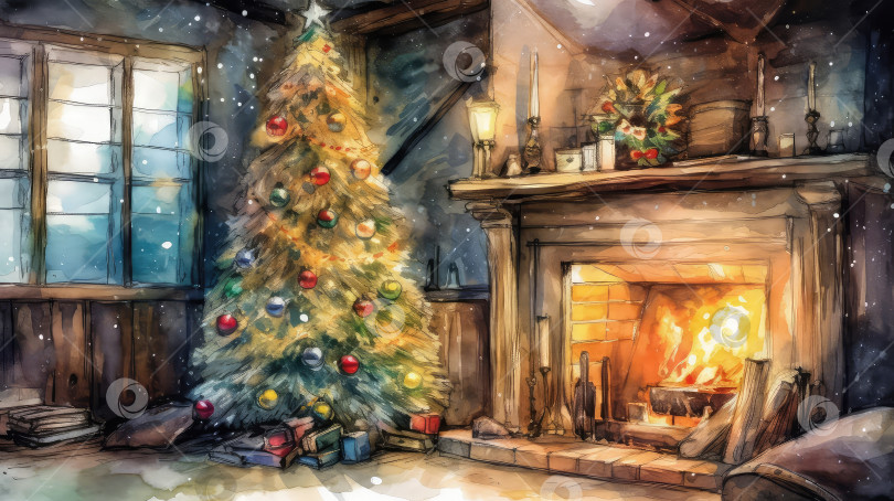 Скачать Рождественская елка в гостиной у камина, красивая празднично украшенная акварельная фоновая иллюстрация. фотосток Ozero