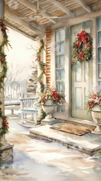 Скачать Рождественская открытка с изображением входной двери дома и крыльца. Акварельная иллюстрация, новогодний плакат, старый дом фотосток Ozero