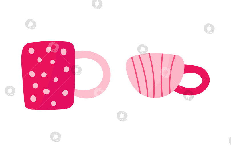 Скачать Pink coffee and tea cups set of illustrations. Girly tea pink items for hot drink. фотосток Ozero