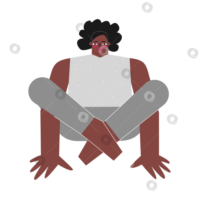 Скачать Vector isolated concept with flat african american character. Strong body positive woman learns stretching posture and does Shoulder Pressing Pose at yoga class. Sportive exercise - Bhujapidasana фотосток Ozero