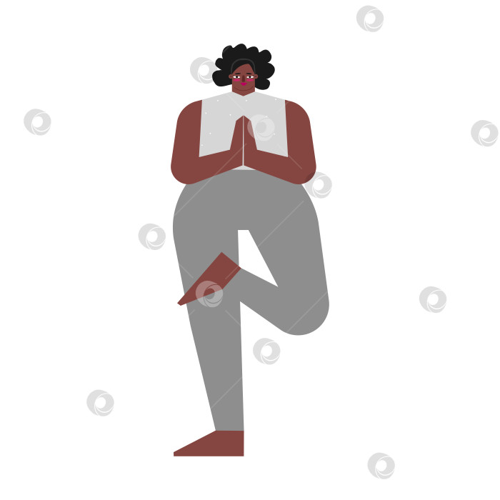 Скачать Vector isolated concept with flat body positive female character. African american woman learns posture and does Half Lotus Tree Pose at yoga class. Basic exercise - Ardha Padma Vrksasana фотосток Ozero