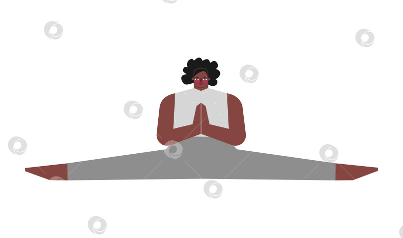 Скачать Vector isolated concept with flat female character. Strong african american woman learns stretching posture and does Side Split at yoga class. Basic exercise for beginners - Samakonasana фотосток Ozero