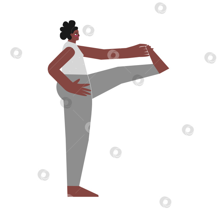 Скачать Vector illustration with Female character. African american woman learns stretching posture and does extended hand to big toe pose at yoga class. Balancing exercise - Utthita Hasta Padangustas фотосток Ozero