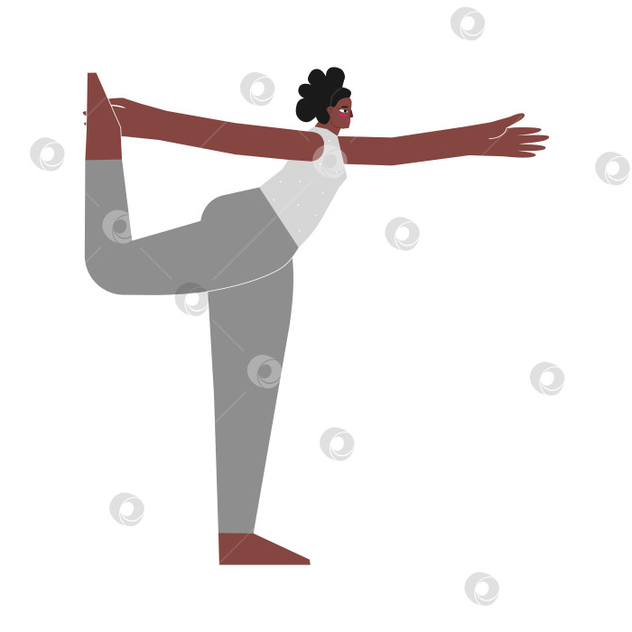 Скачать Vector illustration with flat Female young character. Sportive african american woman learns stretching posture and does Lord of the Dance Pose at yoga class. Balancing exercise - Natarajasana фотосток Ozero