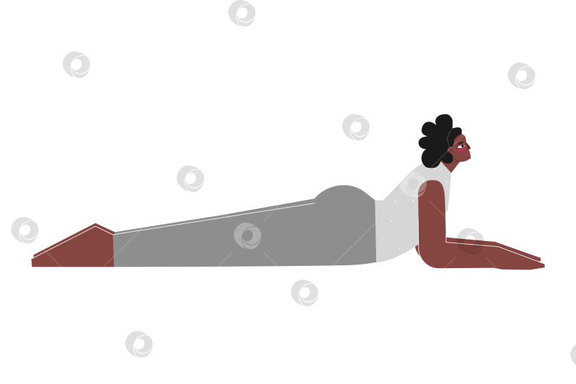 Скачать Vector concept with flat female african american character. Strong body positive woman learns posture with backbend and does Salamba Bhujangasana at yoga class. Fitness exercise for beginners - Sphinx Pose фотосток Ozero