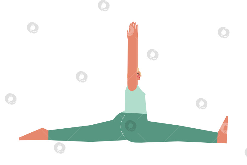 Скачать Vector isolated illustration with flat female character. Sportive exercise - Monkey Pose. Strong woman learns Seated posture Hanumanasana at yoga class. фотосток Ozero