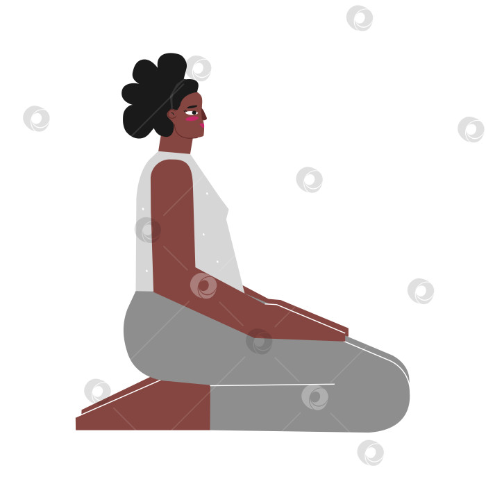 Скачать Vector isolated illustration with flat female african american character. Strong and body positive woman learns posture Vajrasana at yoga class. Fitness exercise - Thunderbolt Pose фотосток Ozero