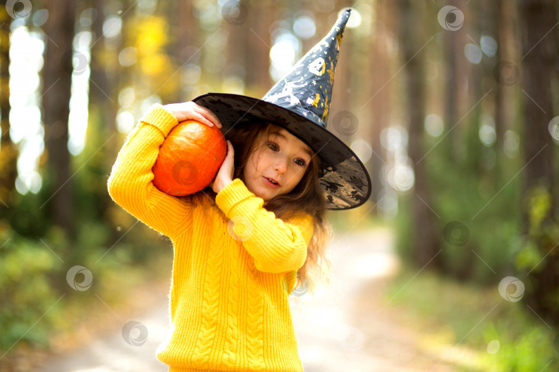 Скачать Девушка в шляпе ведьмы, в желтом свитере и с тыквой с вырезанными глазами и ртом Джек о Фонарь в желтом осеннем лесу. Праздник Хэллоуина фотосток Ozero