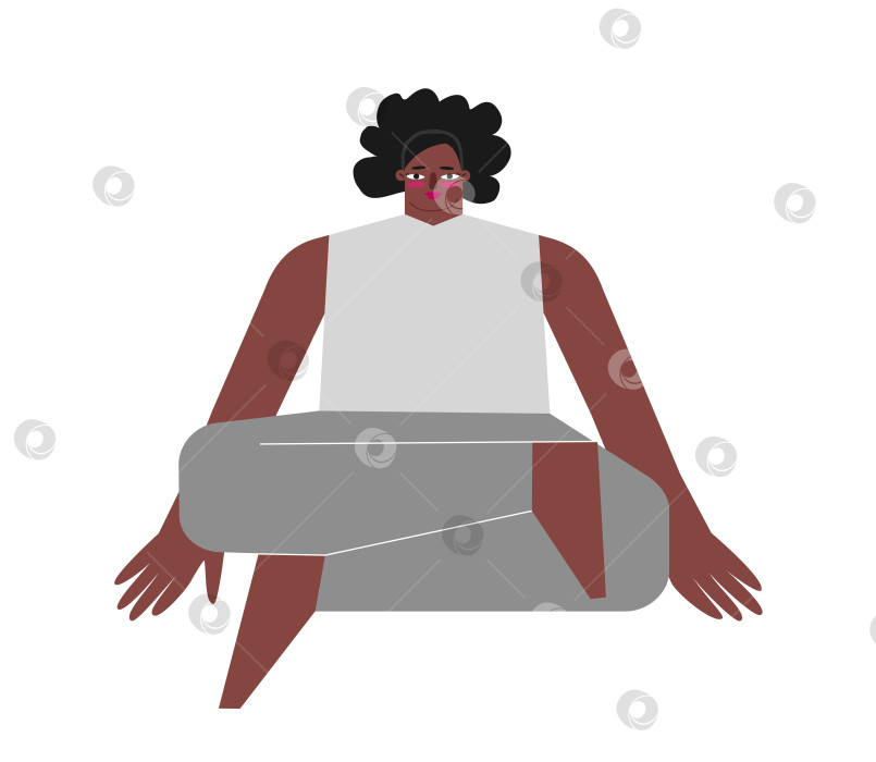 Скачать Vector isolated concept with flat body positive character. Sportive african american woman learns stretching asana and does Fire Log Pose at yoga class. Basic fitness exercise - Agnistambhasana фотосток Ozero