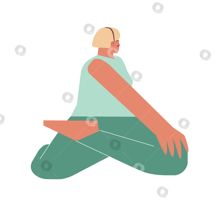 Скачать Vector isolated flat concept with female character. Sportive hip-opening exercise with - Bharadvaja's Twist pose. Strong woman learns posture - Bharadvajasana I фотосток Ozero