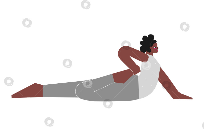 Скачать Vector isolated illustration with flat african american female character. Sportive Body positive woman learns posture with backbend - Ardha Bhekasana at yoga class. Fitness exercise - Half Frog Pose фотосток Ozero