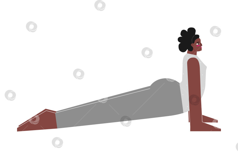 Скачать Vector concept with flat female sportive character. Strong african american woman learns posture with backbend and does Upward Facing Dog at yoga class. Fitness exercise - Urdhva Mukha Svanasana фотосток Ozero