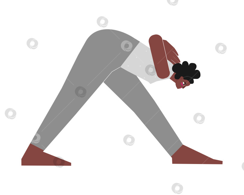 Скачать Vector isolated illustration with flat female african american character. Sportive and body positive woman learns posture Parsvottanasana at yoga class. Fitness exercise - Pyramid Pose фотосток Ozero