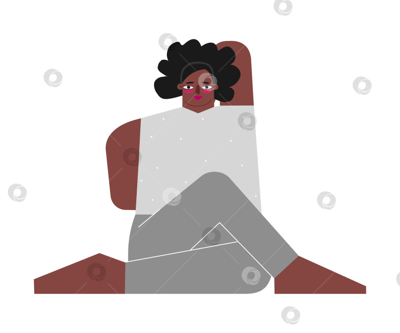 Скачать Vector isolated illustration with flat female african american character. Strong body positive woman learns stretching posture and does Cow Face Pose at yoga class. Sportive exercise - Gomukhasana фотосток Ozero