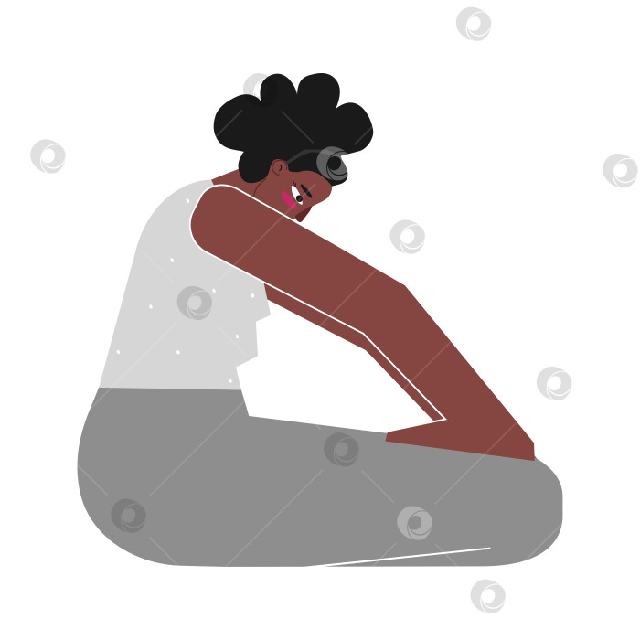 Скачать Vector isolated illustration with flat female character. Strong african american woman learns posture Uddiyana Bandha at yoga class. Fitness exercise - Upward Abdominal Lock фотосток Ozero