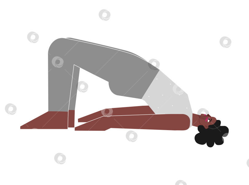 Скачать Vector concept with flat female african american character. Sportive body positive woman learns posture with backbends - Setu Bandha Sarvangasana at yoga class. Fitness exercise for beginners - Bridge Pose фотосток Ozero