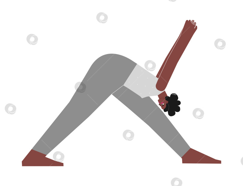 Скачать Vector isolated illustration with flat female character. Sportive african american woman learns posture Parsvottanasana at yoga class. Fitness exercise - Pyramid Pose фотосток Ozero