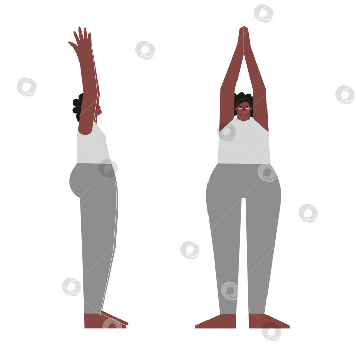 Скачать Vector concept with flat female african american character. Strong body positive woman learns standing posture Urdhva Hastasana at yoga class. Fitness exercise for beginners - Upward Salute Pose фотосток Ozero