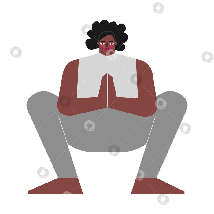 Скачать Vector illustration with flat female body positive character. Sportive african american woman learns stretching posture for meditation and does Garland Pose at yoga class. Seated exercise - Malasana фотосток Ozero