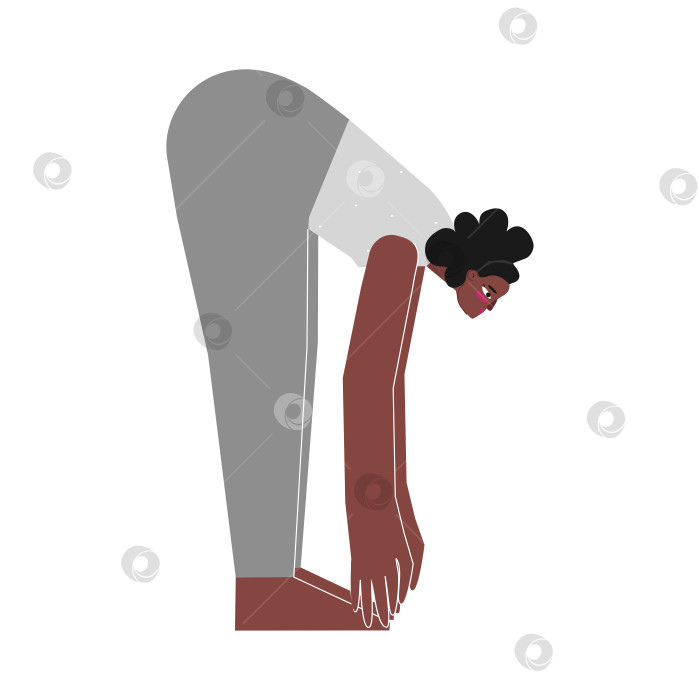 Скачать Vector isolated illustration with flat female african american character. Body positive woman learns posture Ardha Uttanasana at yoga class. Fitness exercise - Standing Half Forward Bend фотосток Ozero