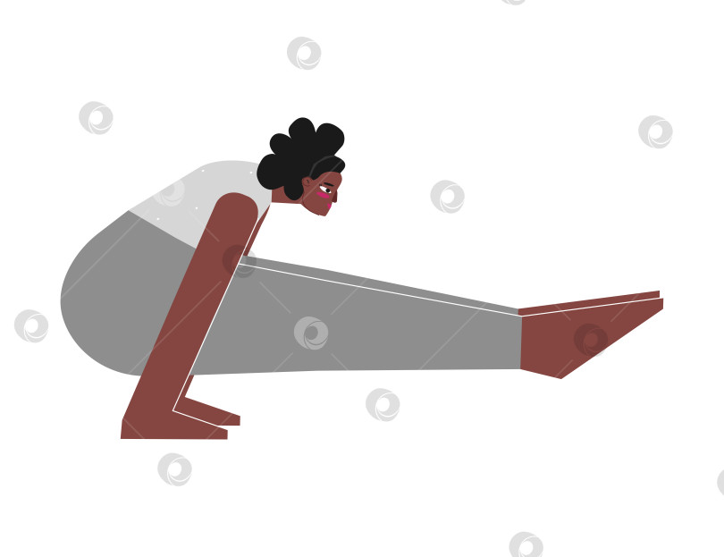 Скачать Vector isolated illustration with flat female african american character. Body positive woman learns Arm Balancing posture Tittibhasana at yoga class. Fitness exercise - Firefly Pose фотосток Ozero