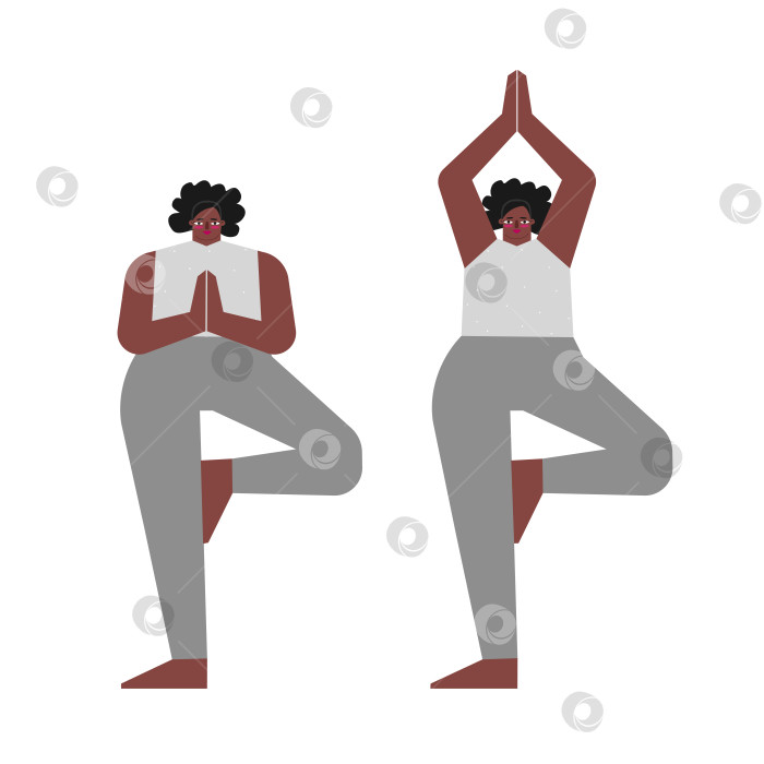 Скачать Vector isolated concept with flat female body positive characters. African American adult woman learns balancing posture and does Tree Pose at yoga class. Core exercise for beginners - Vrksasana фотосток Ozero