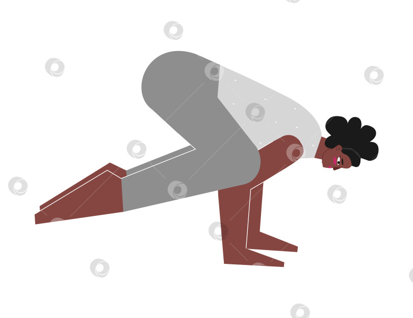 Скачать Vector illustration with flat female body positive character. Sportive african american woman learns posture Kakasana at yoga class. Fitness exercise - Crow Pose фотосток Ozero