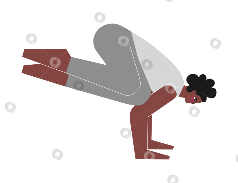 Скачать Vector isolated illustration with flat female body positive character. Sportive african american woman learns posture Parsva Bakasana at yoga class. Fitness exercise - Side Crow (Crane) Pose фотосток Ozero