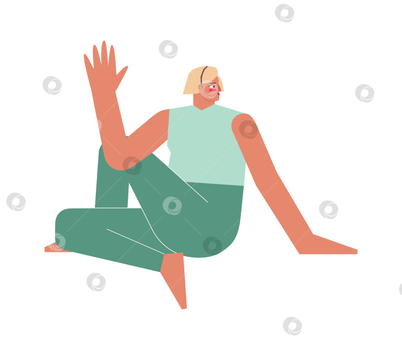 Скачать Vector isolated flat concept with female character. Sportive exercise - Half Lord of the Fishes Pose. Strong woman learns Twist posture - Ardha Matsyendrasana фотосток Ozero