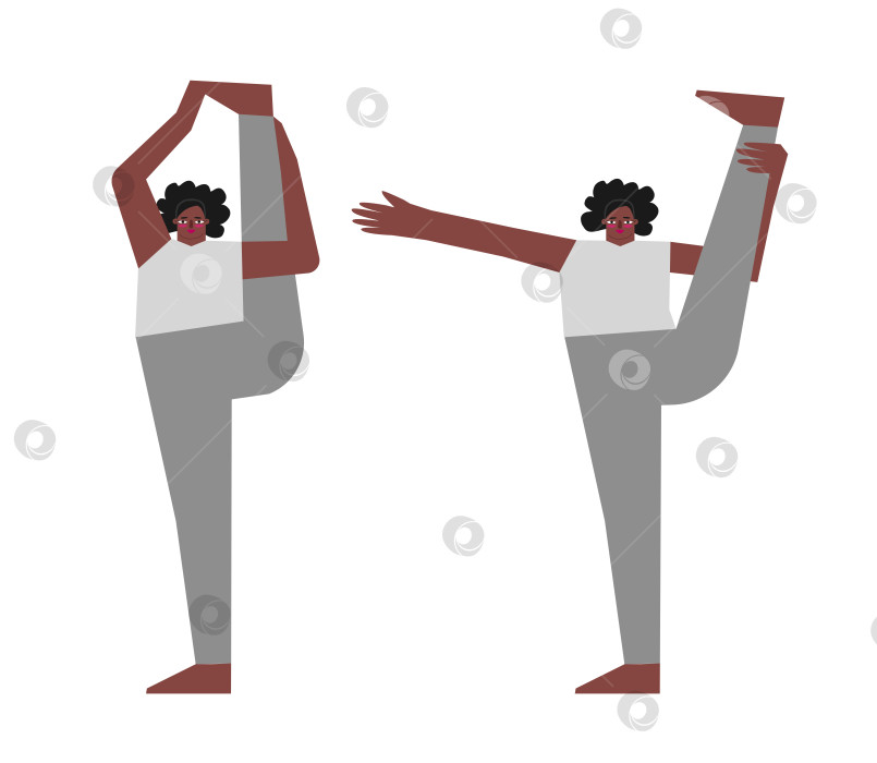 Скачать Vector isolated concept with flat body positive characters. African american adult woman learns balancing posture and does vertical standing split at yoga class. Athletic person does stretching exercise фотосток Ozero