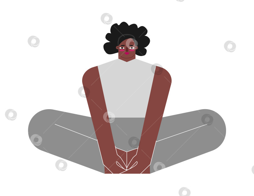 Скачать Vector isolated concept with flat female character. Strong african american woman learns stretching posture and does Bound Angle Pose at yoga class. Basic exercise for beginners - Baddha Konasana фотосток Ozero