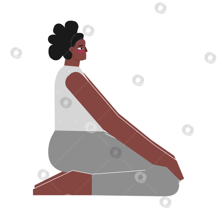 Скачать Vector isolated illustration with flat female body positive character. Strong african american woman learns seated posture Virasana at yoga class. Fitness exercise - Hero Pose фотосток Ozero