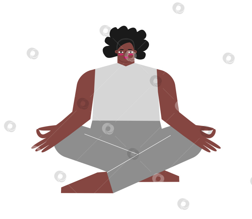 Скачать Vector isolated illustration with flat body positive sportive character. Strong african american woman learns basic posture and does Easy Pose at yoga class. Core exercise for meditation - Sukhasana фотосток Ozero