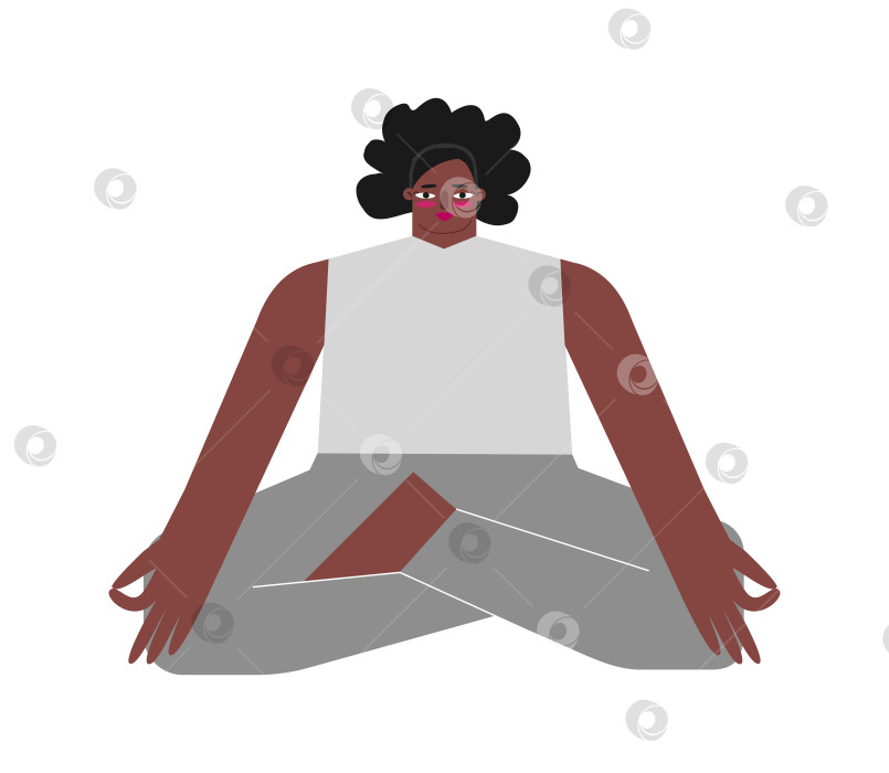 Скачать Vector isolated illustration with flat african american character. Strong woman learns stretching posture and does Adept Pose at yoga class. Core exercise for beginners - Siddhasana фотосток Ozero