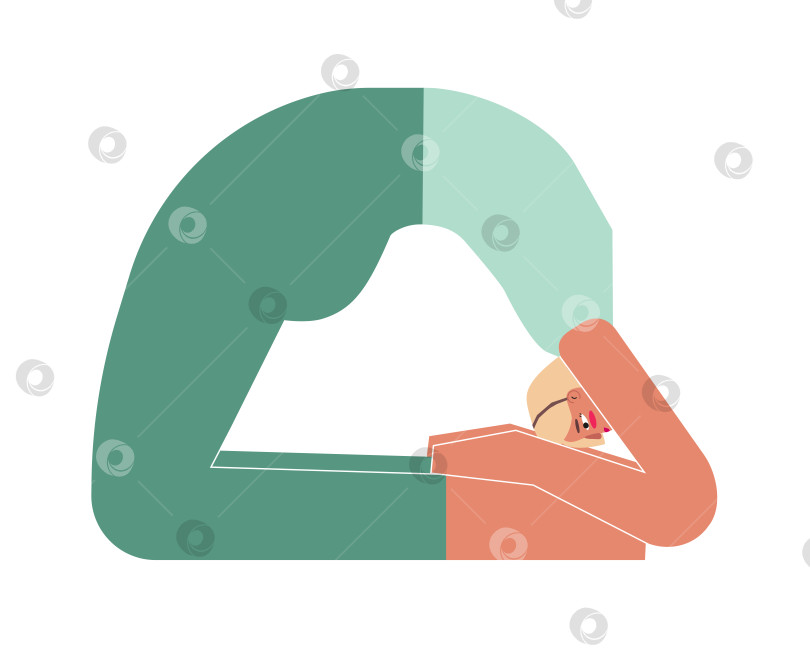 Скачать Vector isolated concept with flat female character. Strong woman learns posture Kapotasana at yoga class. Fitness exercise with Backbend - Pigeon Pose фотосток Ozero