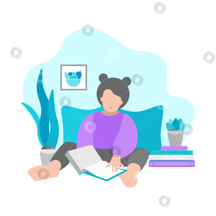 Скачать Vector flat isolated illustration with little girl sitting at home, holding and reading book. Distant domestic education. Simplified interior with pillows, plants. White background фотосток Ozero