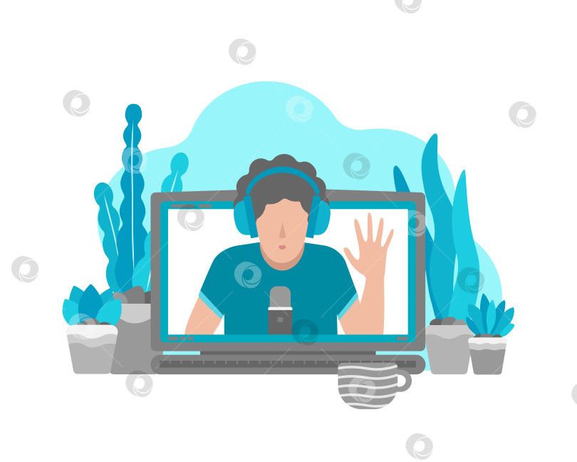 Скачать Vector flat illustration with laptop and person (on screen) at home recordind video on webcam. Remote work by bloggers, podcast hosts, teachers using online stream servises. Life style in quarantine фотосток Ozero