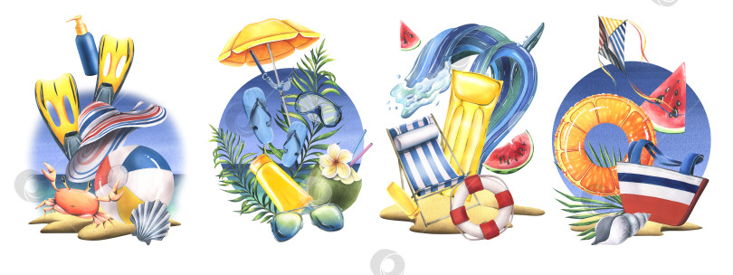 Скачать Набор летних иллюстраций, нарисованных акварелью от руки, с шезлонгами, зонтиками, надувными игрушками, пальмовыми ветвями, фруктами и снаряжением для подводного плавания. Изолированные объекты на белом фоне. фотосток Ozero