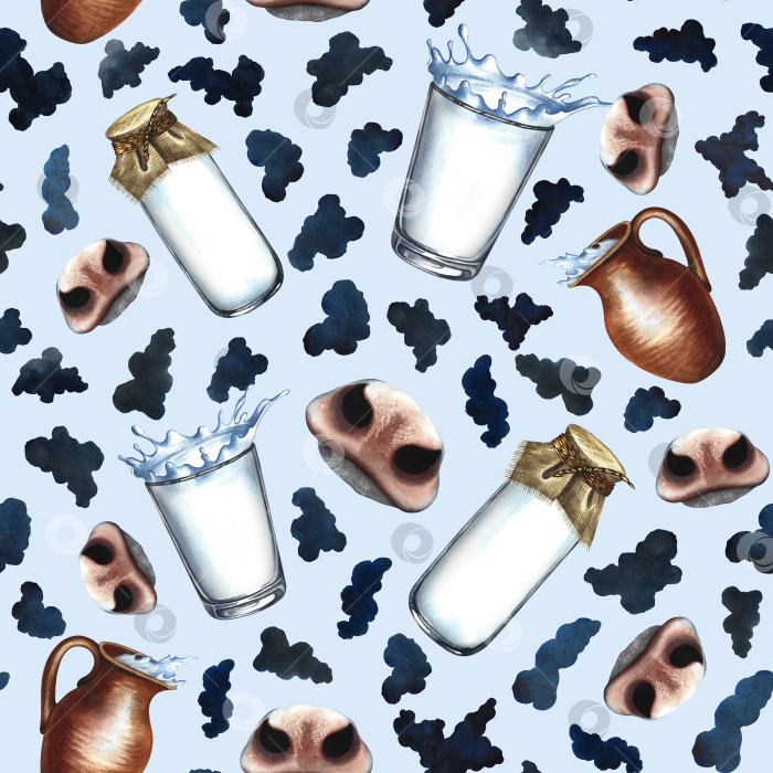 Скачать Seamless pattern with noses and spots of dairy cows. On a blue background. Watercolor hand drawn illustration. Milk texture for design prints. For labels, packaging backgrounds and textiles. фотосток Ozero